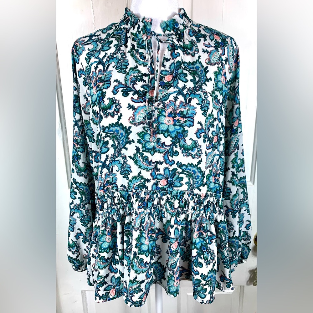 Loft Floral Paisley Ruffle Bottom Long-sleeved Blouse w/ String Tie - Picture 4 of 11